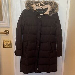 Ralph Lauren black Puffer Coat with Faux Fur Trim